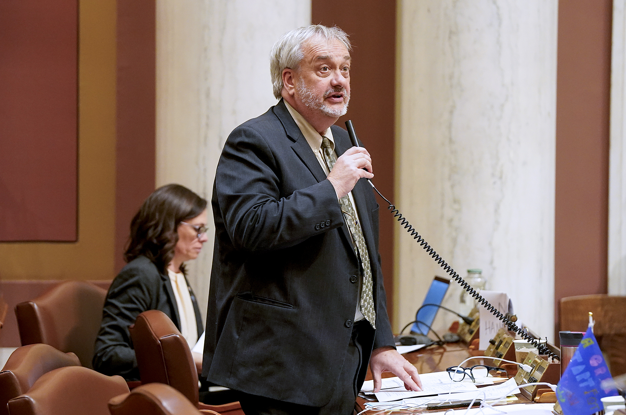 Rep. Rick Hansen presents the environment and natural resources supplemental budget bill on the House Floor May 1. (Photo by Michele Jokinen)